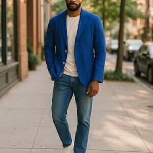 1930 Tailor Byrd Linen Blazer Summer Spring Blazer 44R Blue